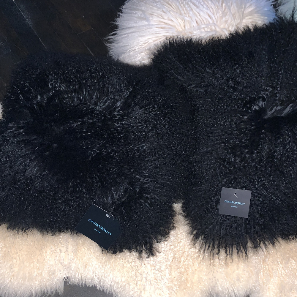 NWT 2 Real Mongolian Lamb Pillow with Insert Black